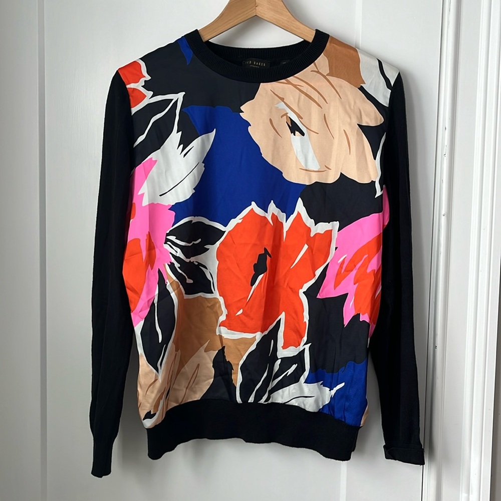 Ted Baker London Womens Black Payzlee Woven Front Sweater sz 2